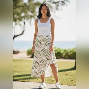 BCBGMaxAzria Linen Blended White Tropical Leaf Asymmetrical Midi Skirt